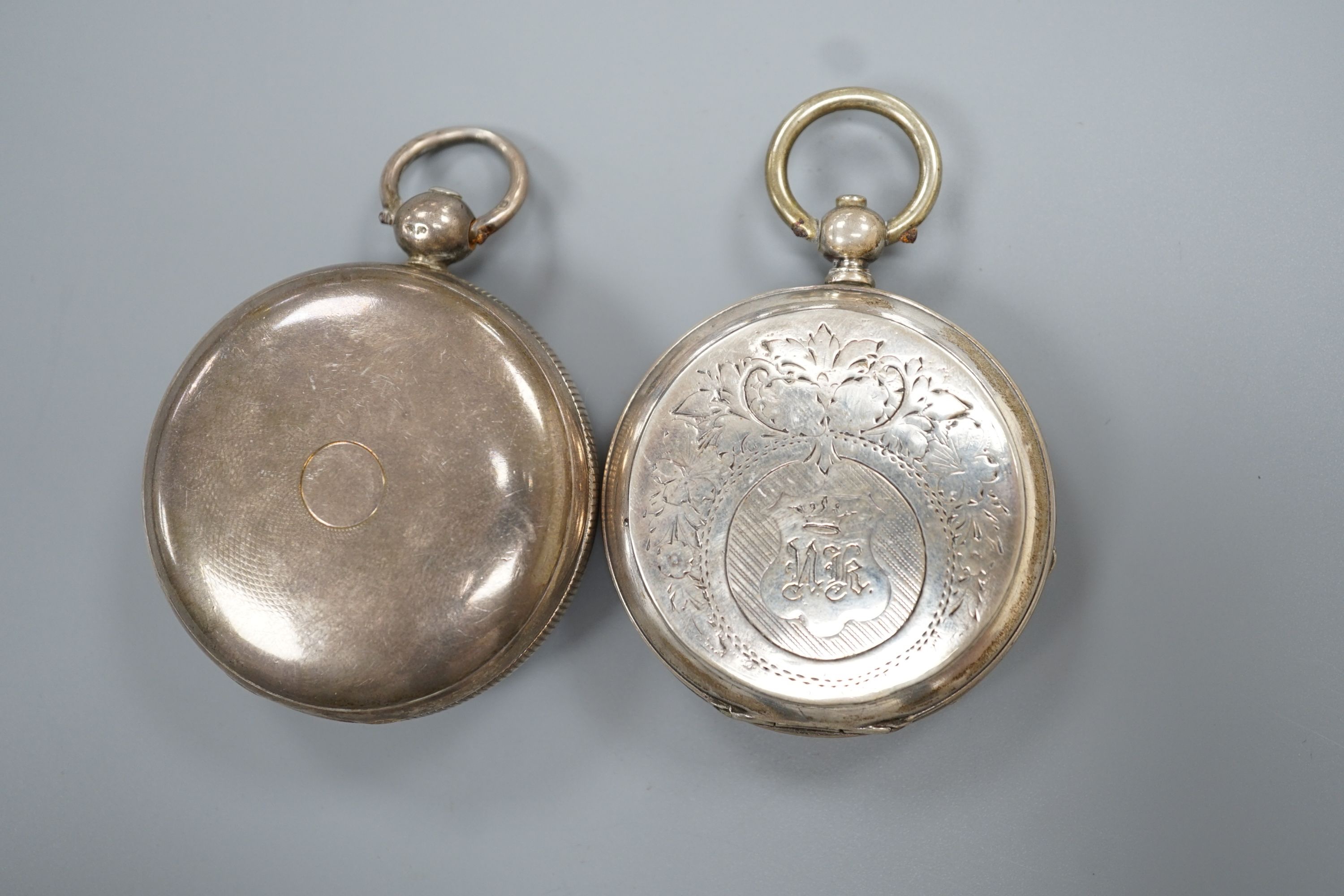 A 19th century white metal hunter pocket watch, by Robert Roskell, Liverpool, engraved with train on a bridge and one other silver hunter pocket watch.